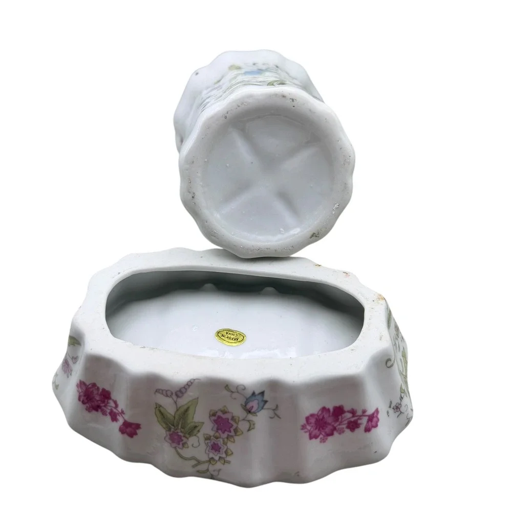 Vintage Floral Ceramic Soap Dish and Tumbler Set Pink Roses Blue Flowers 2pc